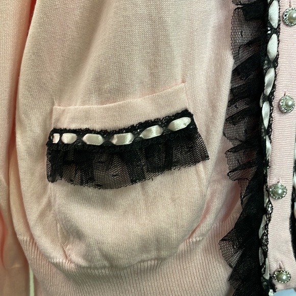BEREK by Takahe Sakor Pink Knit Cardigan Black Lace Rhinestone Pearl Buttons - Picture 4 of 10